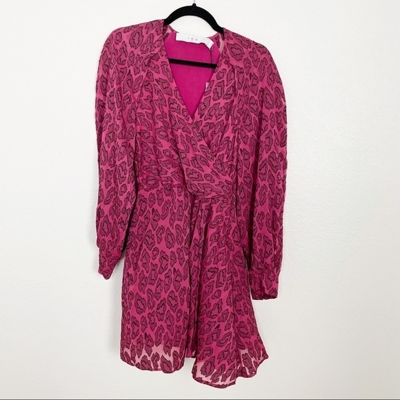 IRO Tiestina Leopard Print Mini Dress Red Pink Party Evening Long Sleeve Wrap - Picture 10 of 14